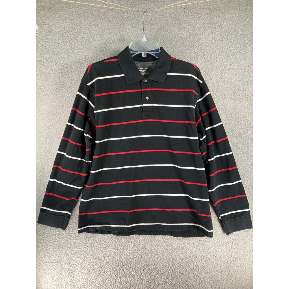 St. John's Bay Shirt Men's Large Long Sleeve Polo Sueded Jersey Black Stripe‎